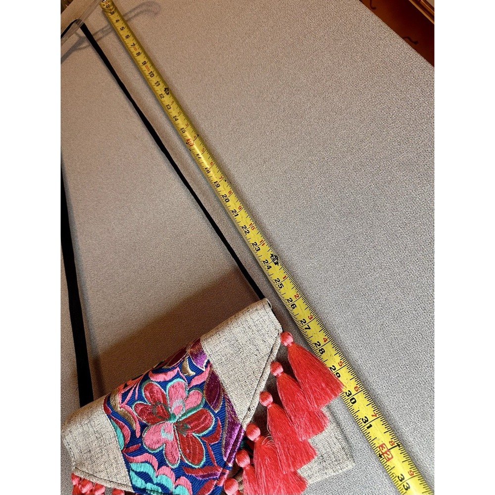 Handmade Mexican Floral Colorful Embroidered Pom Pom Clutch Purse Crossbody Bag - Picture 9 of 9